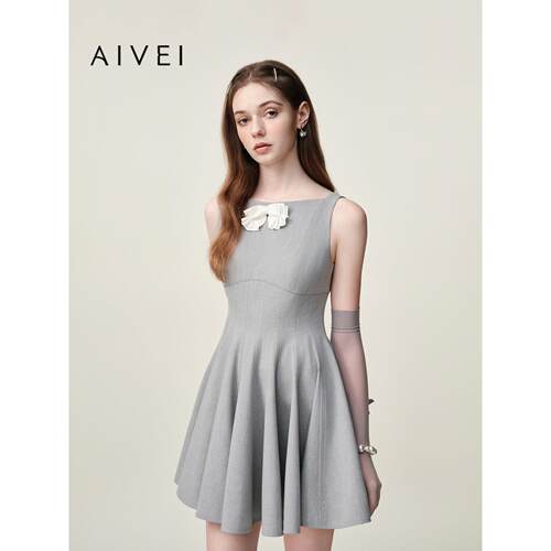 AIVEI欣贺艾薇2026夏季新格雷千金小灰裙气质无袖连衣裙XSV3L02B