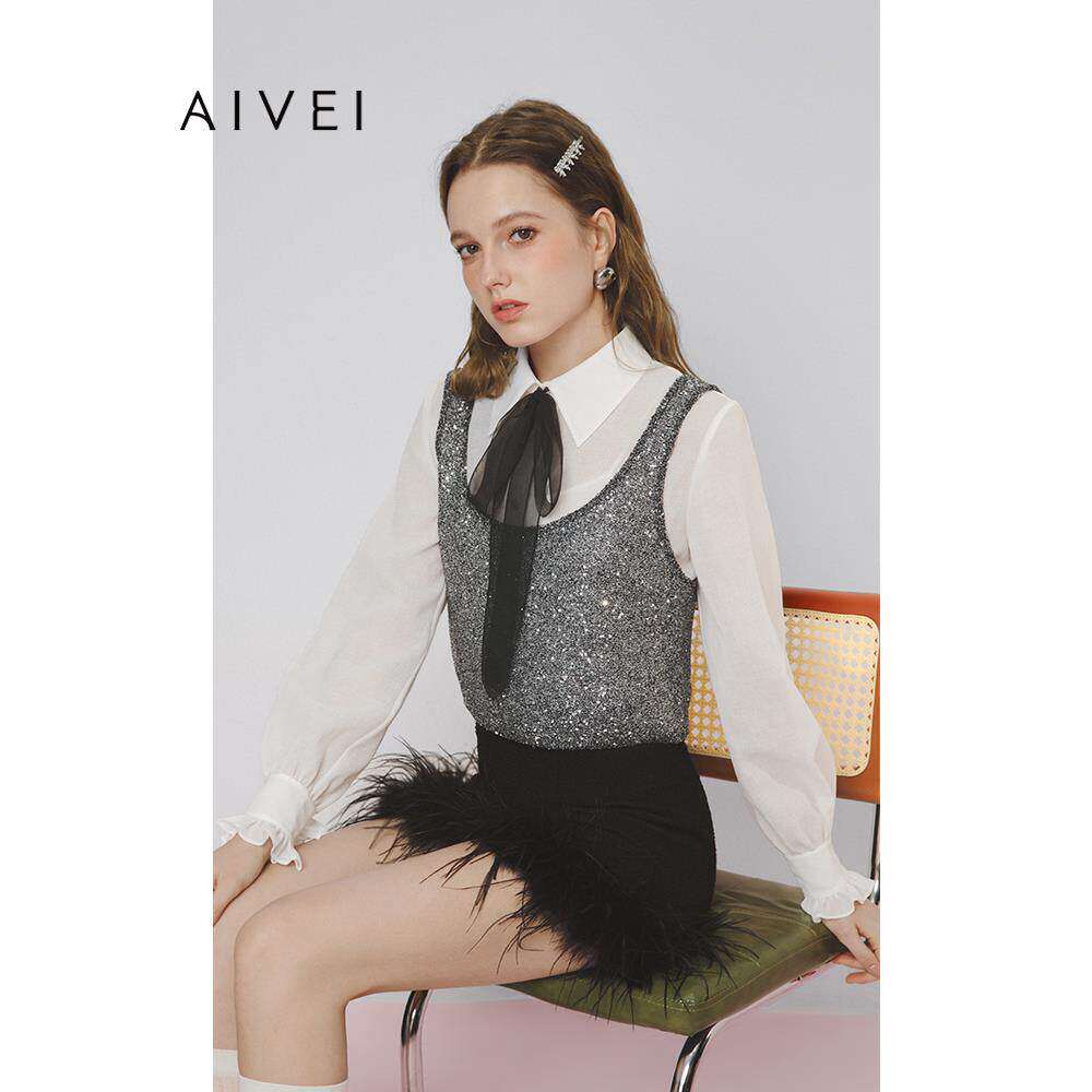 【格雷千金】AIVEI欣贺艾薇2025春茶气叠穿亮片马甲背心长袖衬衫