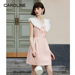 Caroline卡洛琳2024春季新款U领无袖A字裙摆背心连衣裙ECREAA46