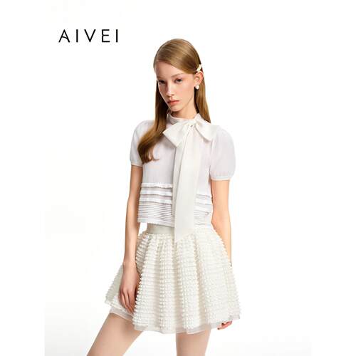 AIVEI欣贺艾薇2026早秋知性通勤千金风蝴蝶结短袖针织衫XSV5M41B