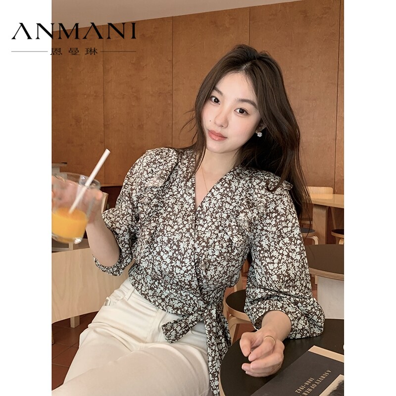 商场同款-ANMANI恩曼琳24夏季新品系带收腰碎花衬衫上衣Q322102D