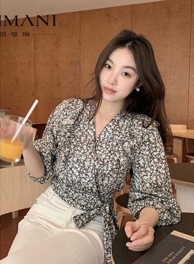 商场同款-ANMANI恩曼琳24夏季新品系带收腰碎花衬衫上衣Q322102D