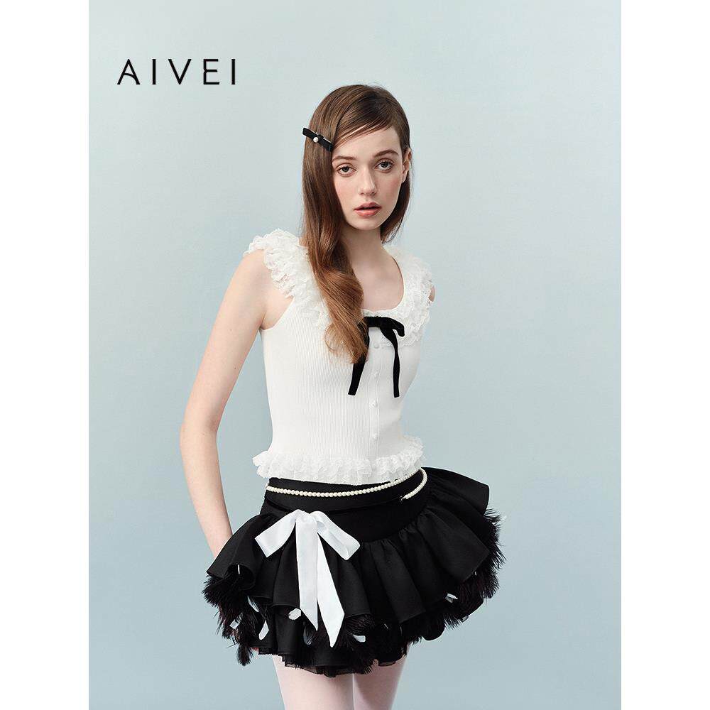 AIVEI欣贺艾薇2026夏季新日杂甜美风蕾丝花边无袖针织衫XSV3M08B