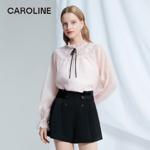 Caroline卡洛琳2024春季新款系带绣花娃娃领雪纺衫ECREAG22