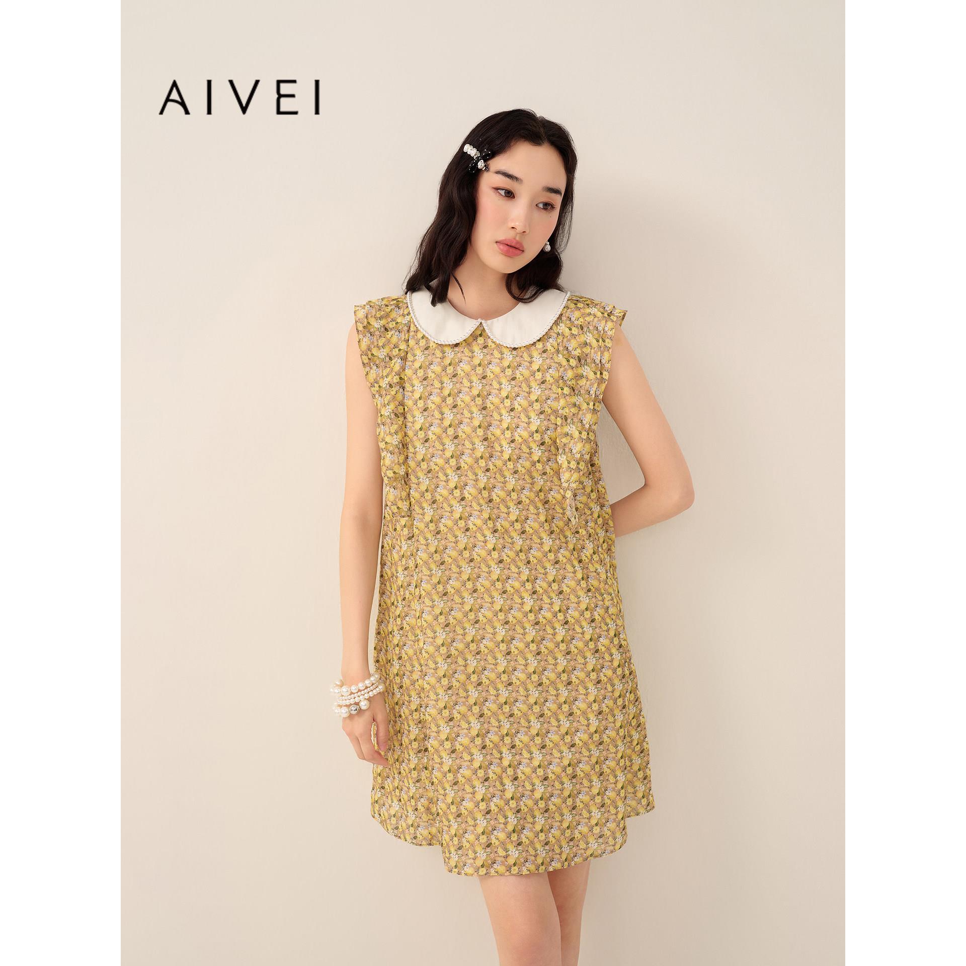 AIVEI欣贺艾薇2026夏季新柠檬印花钉珠娃娃领无袖连衣裙XSV3L44B