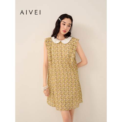 AIVEI欣贺艾薇2026夏季新柠檬印花钉珠娃娃领无袖连衣裙XSV3L44B