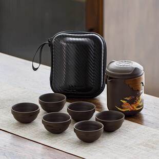 便携式旅行茶具快客杯套装高端紫砂便携包户外猫耳一壶六杯陶瓷防