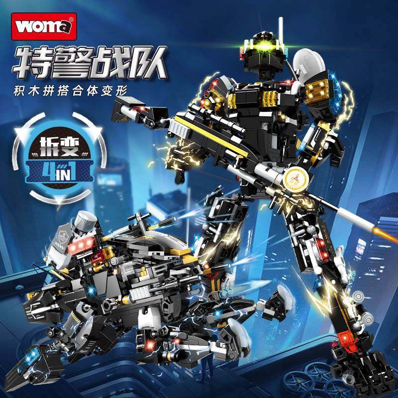 沃马积木特警战队机甲机器人变形拼装益智儿童玩具模型男孩子礼物