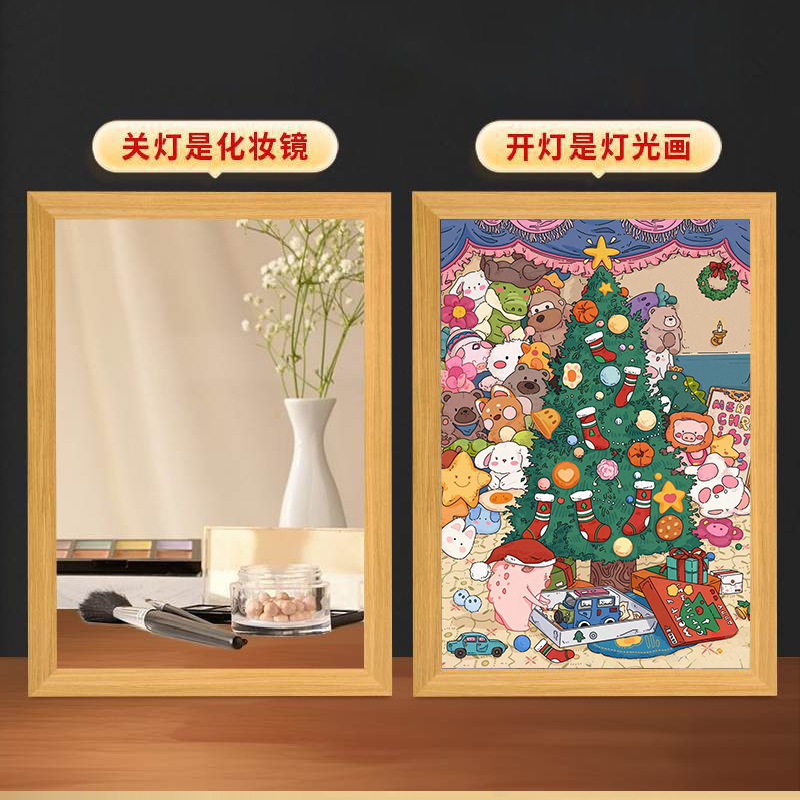 圣诞树灯光画蜡笔小新小夜灯床头小灯开灯画框油画装饰画插电灯画图片