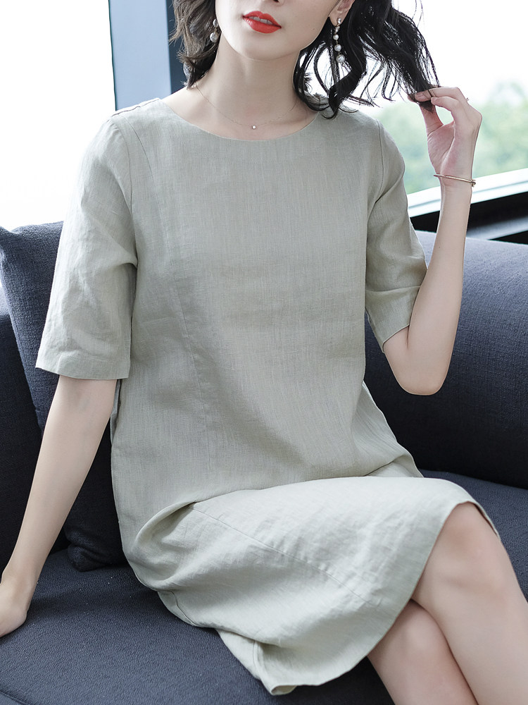 夏季棉麻中长款连衣裙女士