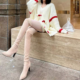 2025秋冬新款尖头过膝长靴女绒面高筒袜靴高跟裸色弹力瘦瘦长筒靴