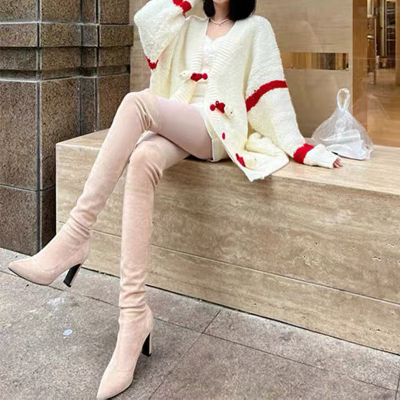 采采乐希粗跟尖头过膝长靴女