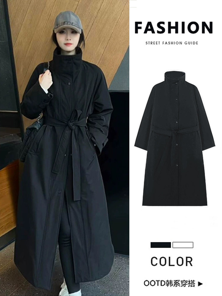黑色韩系立领风衣羽绒服女冬季新款90白鸭绒加厚收腰长款大衣外套