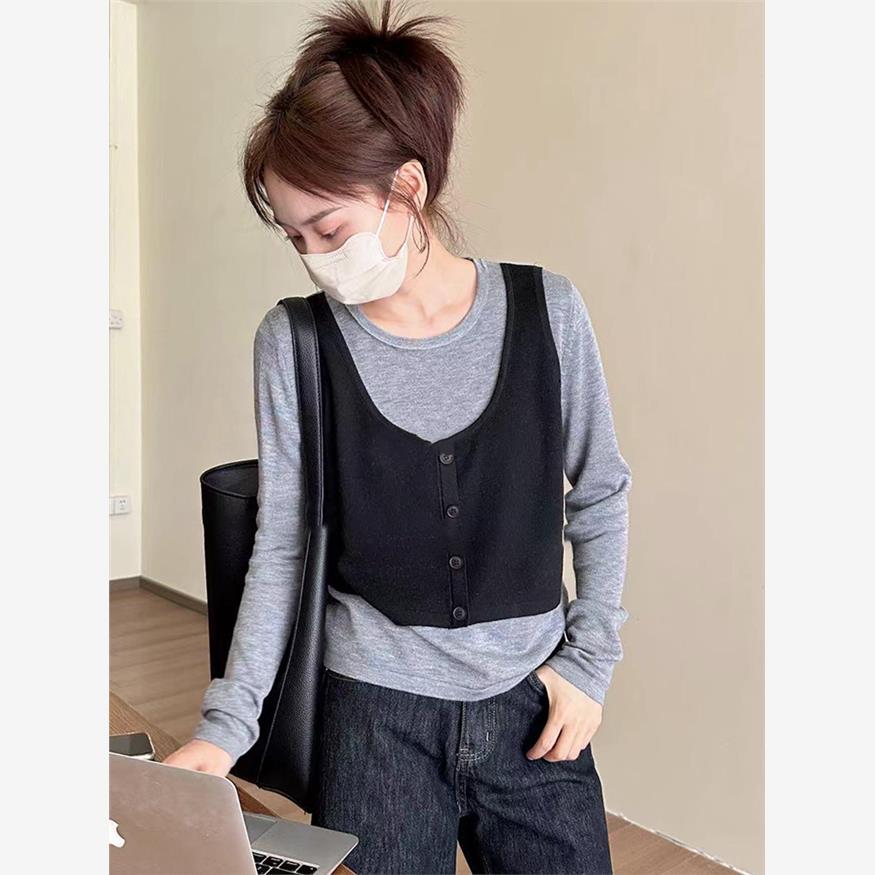 春季假两件套长袖针织女式2025新款春秋季风格感设计底裤衬衫上衣