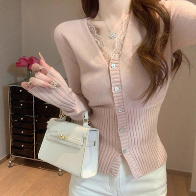 氛围感v领蕾丝针织打底衫