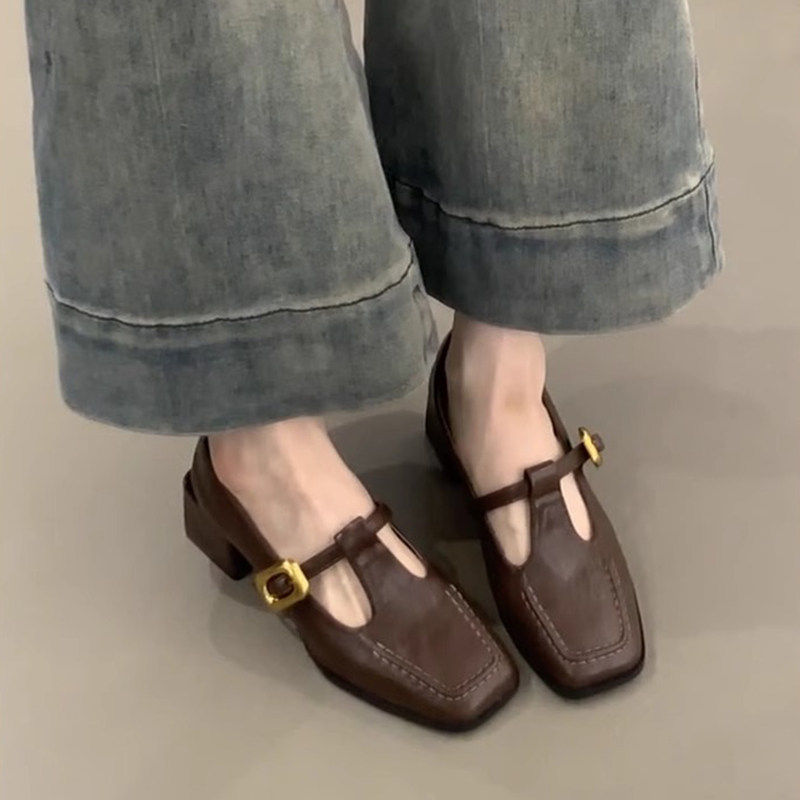 羊皮版复古方头粗跟玛丽珍鞋女2026新款棕色5CM高跟单鞋小皮鞋春