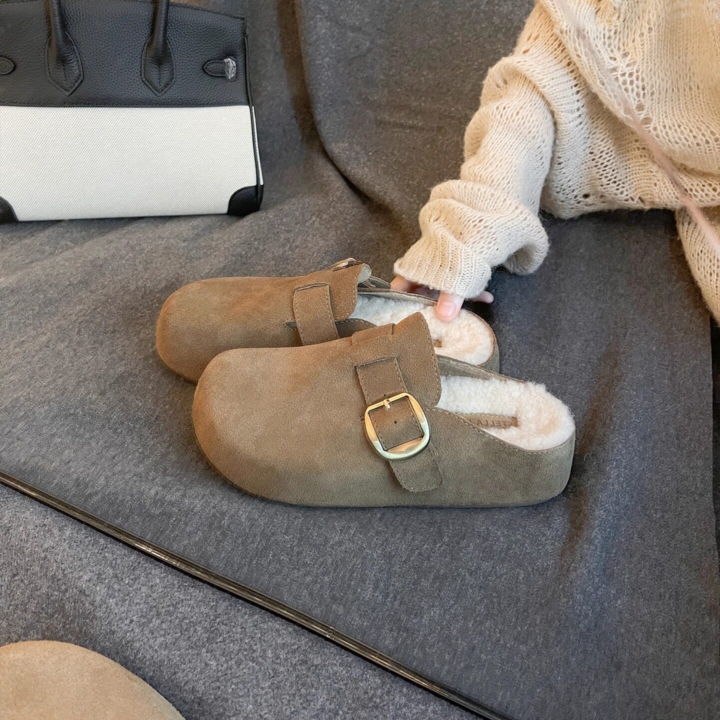 真皮版~增高厚底半拖勃肯鞋女秋冬外穿加绒包头懒人毛毛博肯鞋