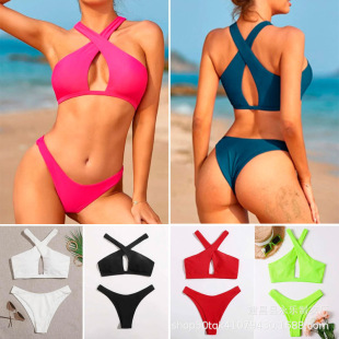 2023泳衣分体比基尼纯色交叉绑带亚马逊爆款 中腰泳衣欧美外贸性感