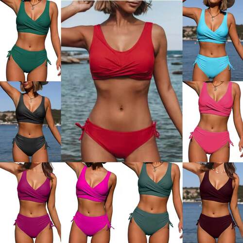 纯色绑带高腰分体泳衣High‑waisted Two‑piece Bikini Swimsuit
