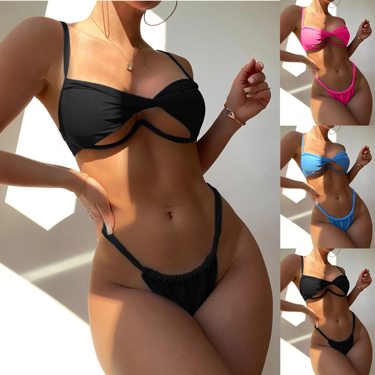 欧美泳衣女性感比基尼一体钢托小胸聚拢拧包镂空辣妹bikini比坚尼
