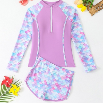 长袖中大童带胸垫分体泳装Kids' Long-Sleeve Two-Piece Swimsuit