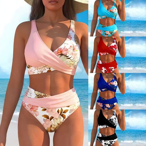 定版印花高腰分体比基尼high waisted tie back two-piece bikini