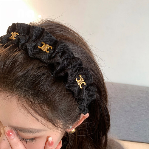 凯旋门黑色褶皱发卡头箍女感高颅顶洗脸网红发箍2024新款头饰