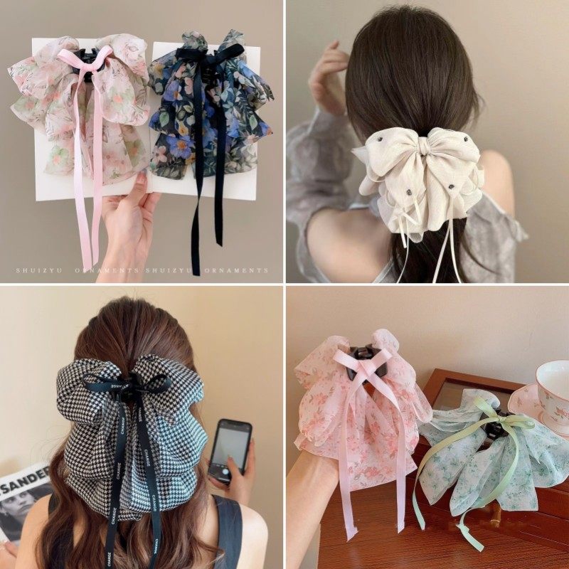 新中式超仙碎花蝴蝶结飘带抓夹子2024新款国风后脑勺发夹女盘发抓