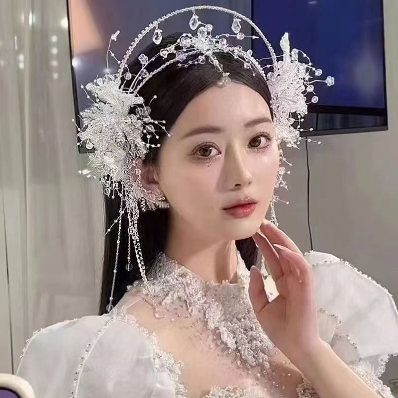 厂家配饰礼服重头饰照新娘妆水晶新娘发饰森系婚纱盘发造型