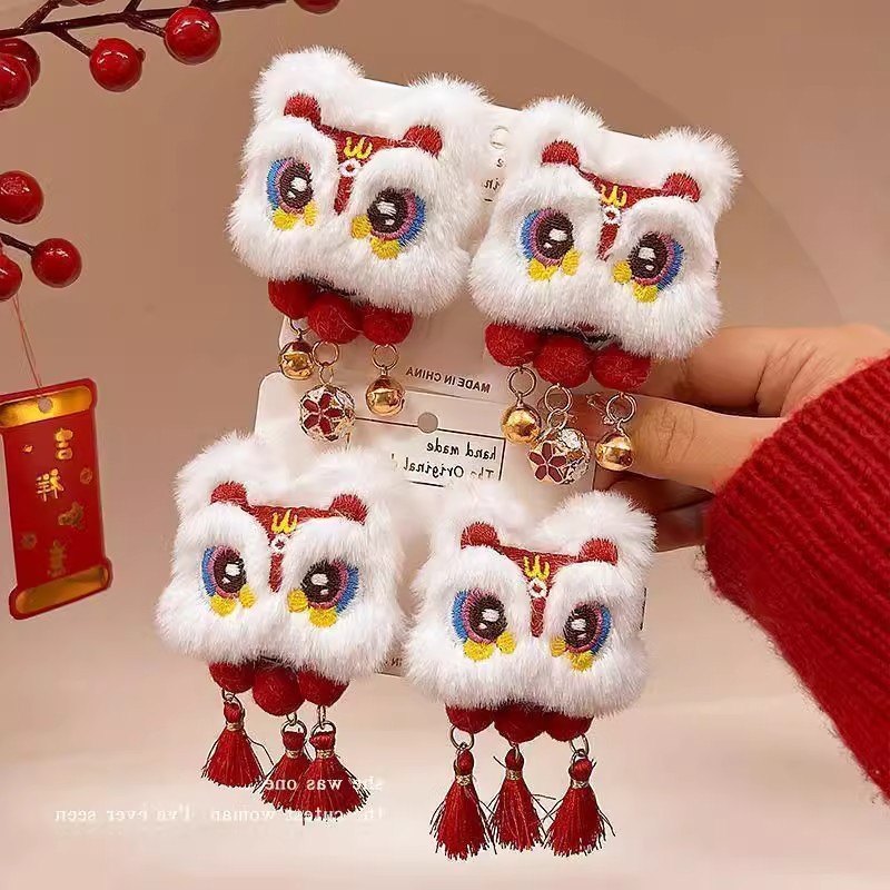 新年醒狮流苏发夹女孩碎发鸭嘴夹儿童双丸子头对夹侧边刘海夹头饰