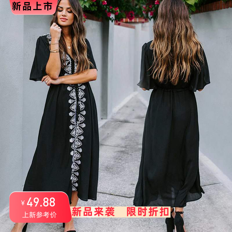 欧美新款人棉黑底白线沙滩罩衫长裙海边度假连衣裙泳衣搭衣女