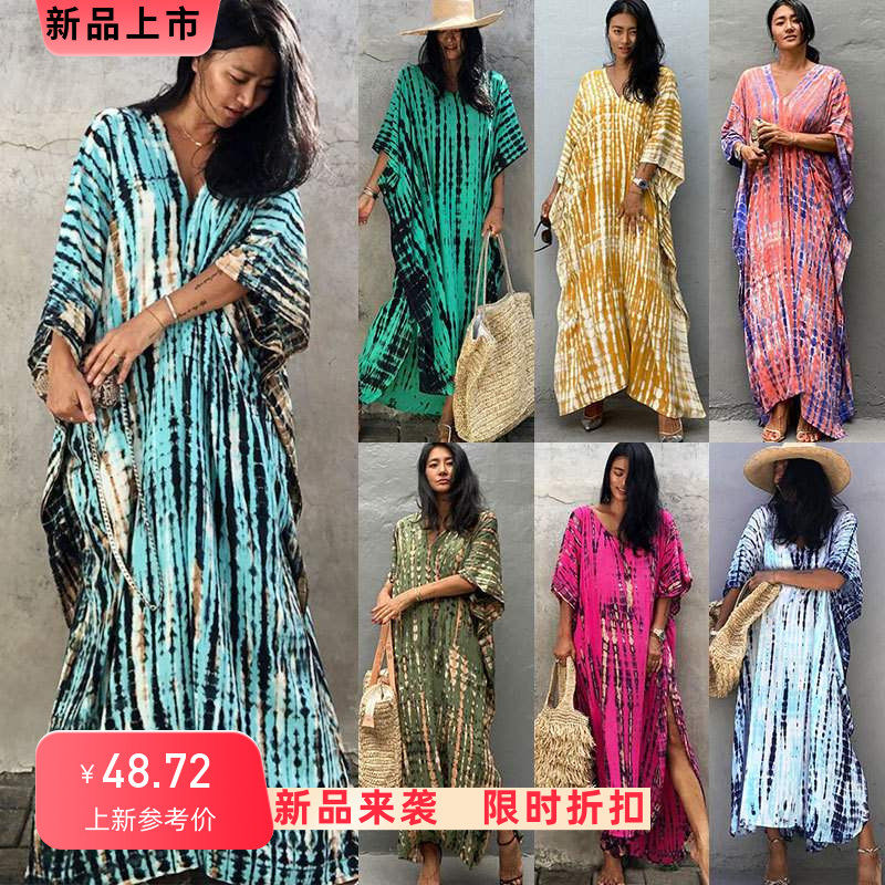 欧美人棉扎染沙滩长裙宽松海边度假比基尼泳衣外罩衫衫女