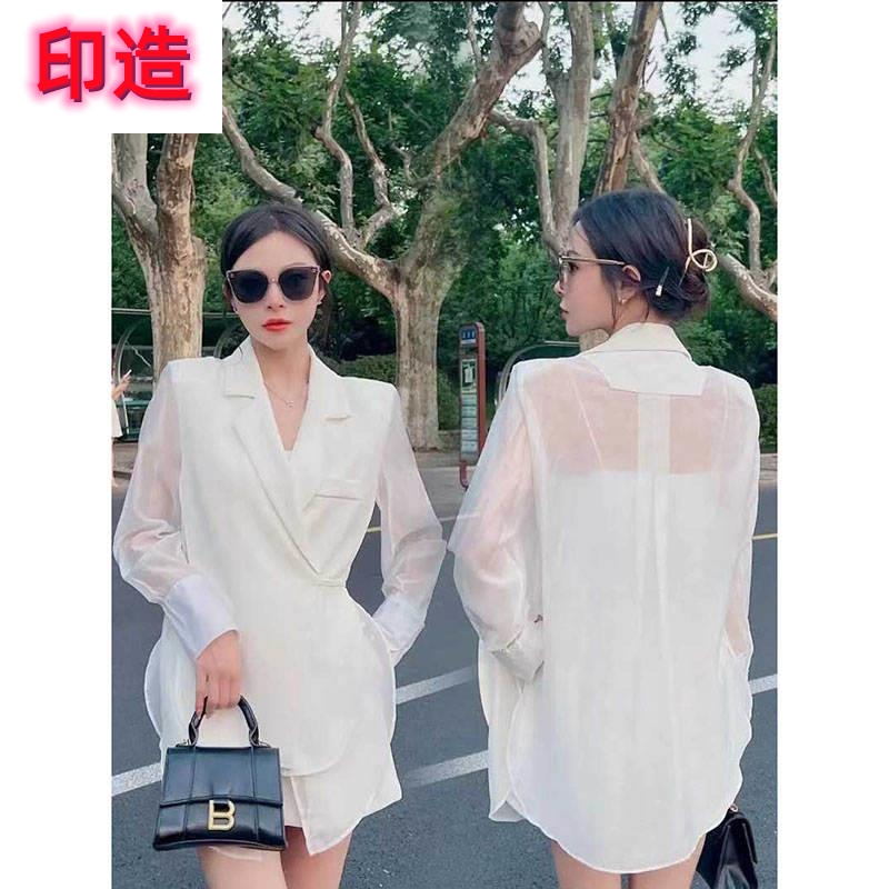 假两件拼接西装衬衫套装女2022年夏季新款时尚设计感防晒衫两件套