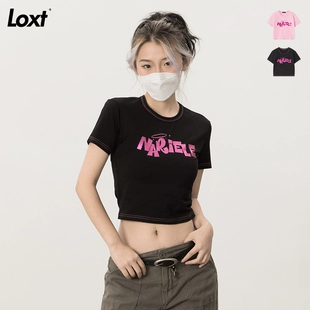 正肩短袖 夏季 t恤女高腰露脐辣妹显瘦紧身上衣潮 「LOXT」短款 修身