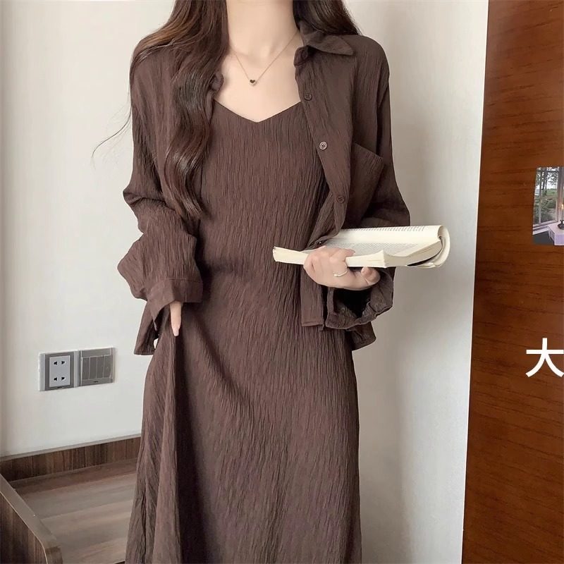 大码吊带裙配开衫两件套秋季裙子胖mm遮肚显瘦连衣裙女微胖套装