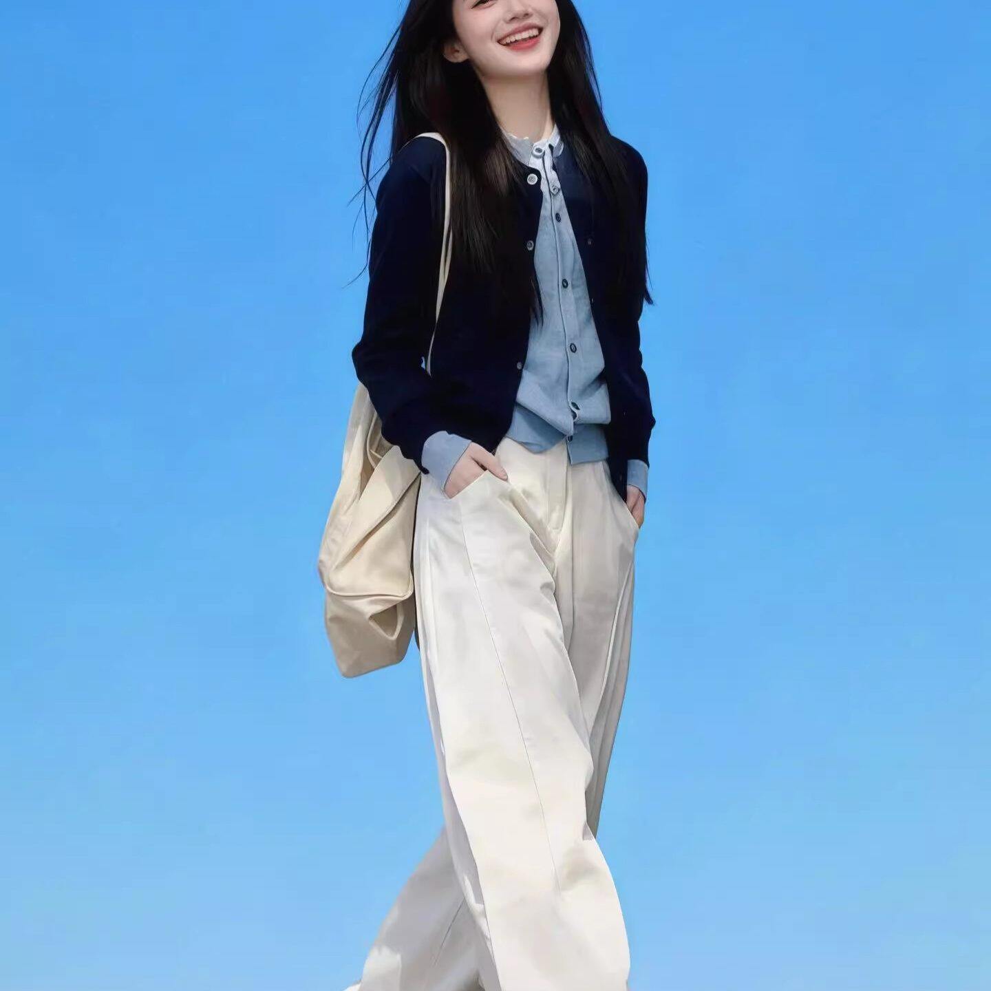 藏青色假两件毛衣开衫针织衫女秋冬可内搭外穿高级感慵懒外套上衣