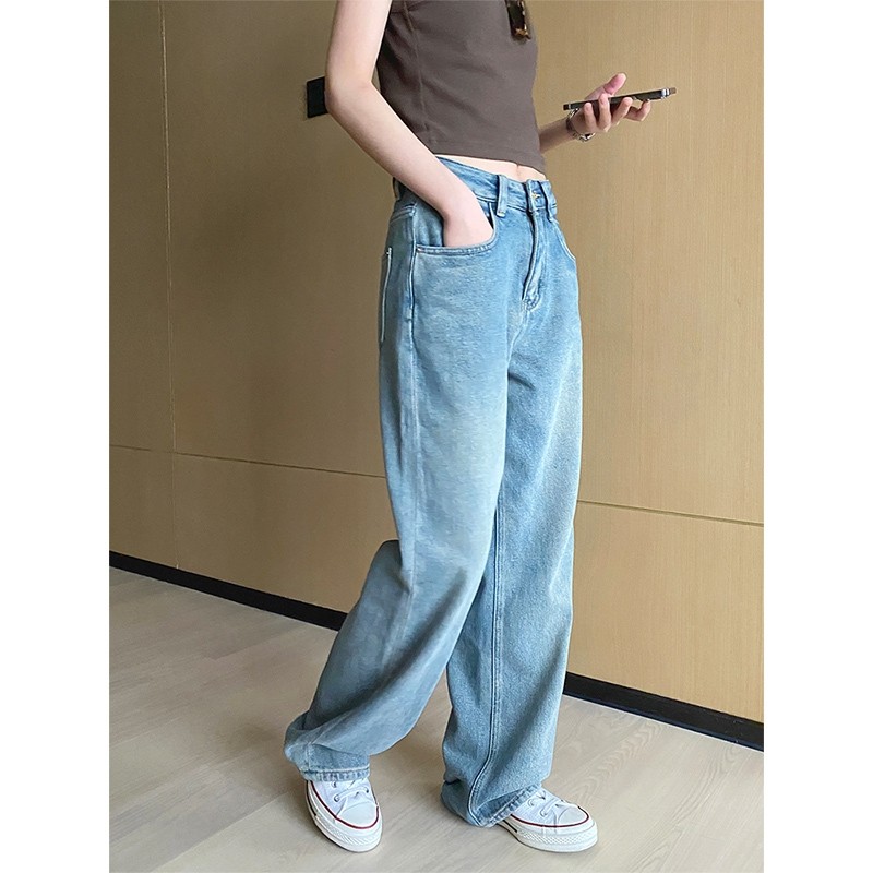 小个子水洗浅色牛仔裤女2022年新款拖地裤直筒休闲长裤高腰阔腿裤