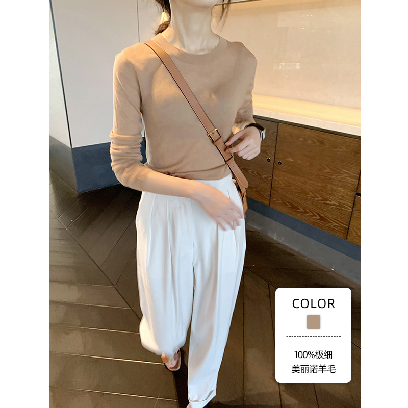 纯羊毛针织衫卡其色毛衣女2021春款圆领修身打底衫内搭上衣女