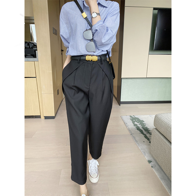 黑色高腰西装裤女春季压褶阔腿裤小个子休闲烟管裤子设计感女小众