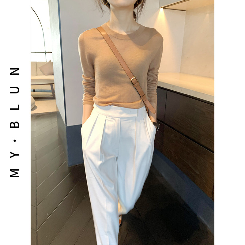 100%纯羊毛针织衫纯色长袖t恤女修身显瘦早秋上衣女打底衫女内搭