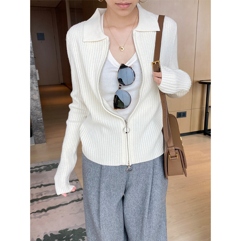 拉链毛衣polo领针织开衫外套女2022新款坑条打底衫女100绵羊毛衫