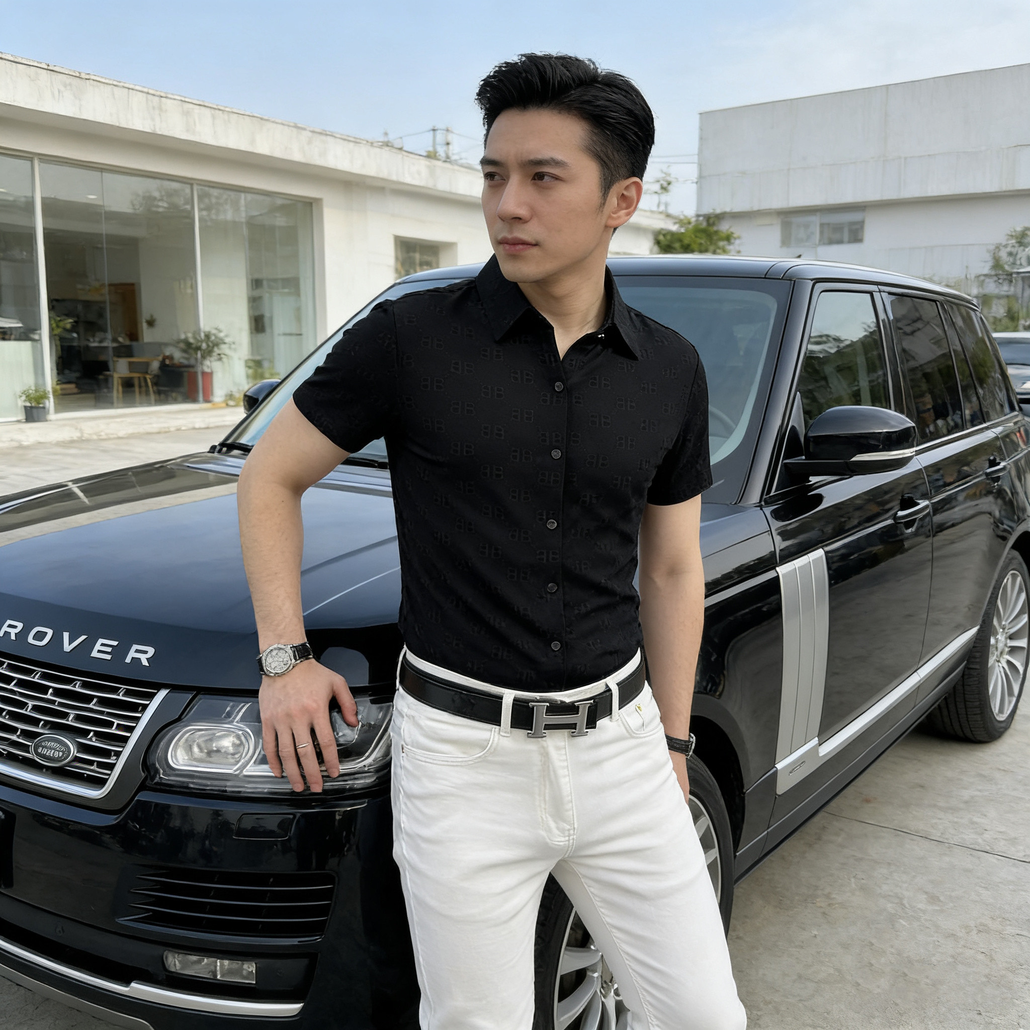 2026潮流时尚男士商务休闲夏季新款短袖衬衫个性印花百搭弹力显瘦