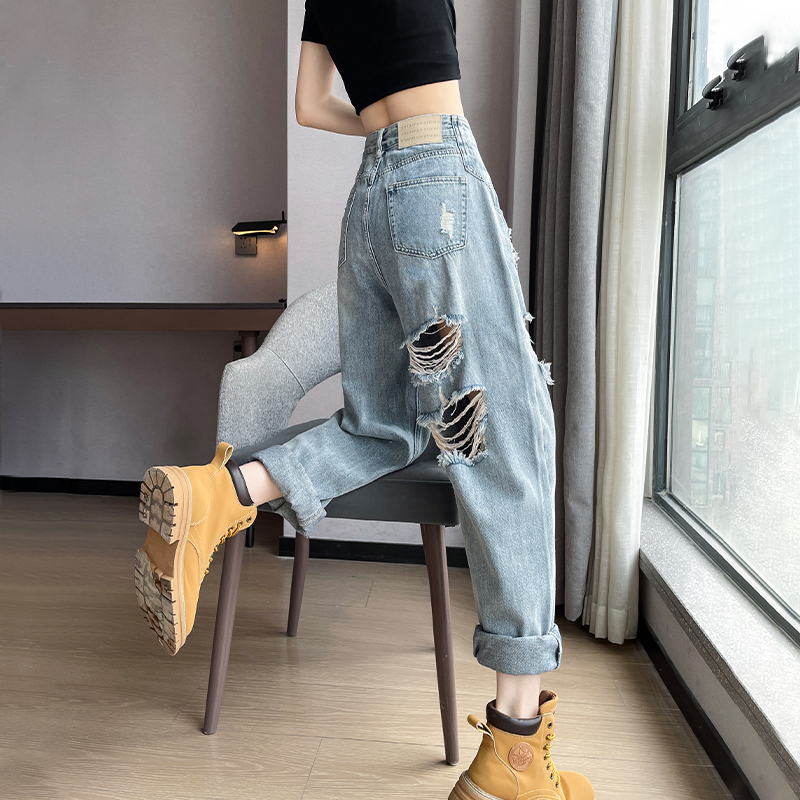 破洞牛仔裤女小个子夏季薄款2025新款高腰宽松显瘦休闲九分哈伦裤