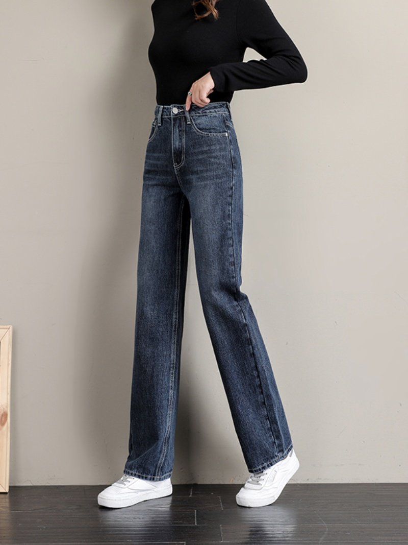 直筒牛仔裤女高腰宽松显瘦2025春秋小个子显高小阔腿蓝灰色九分裤