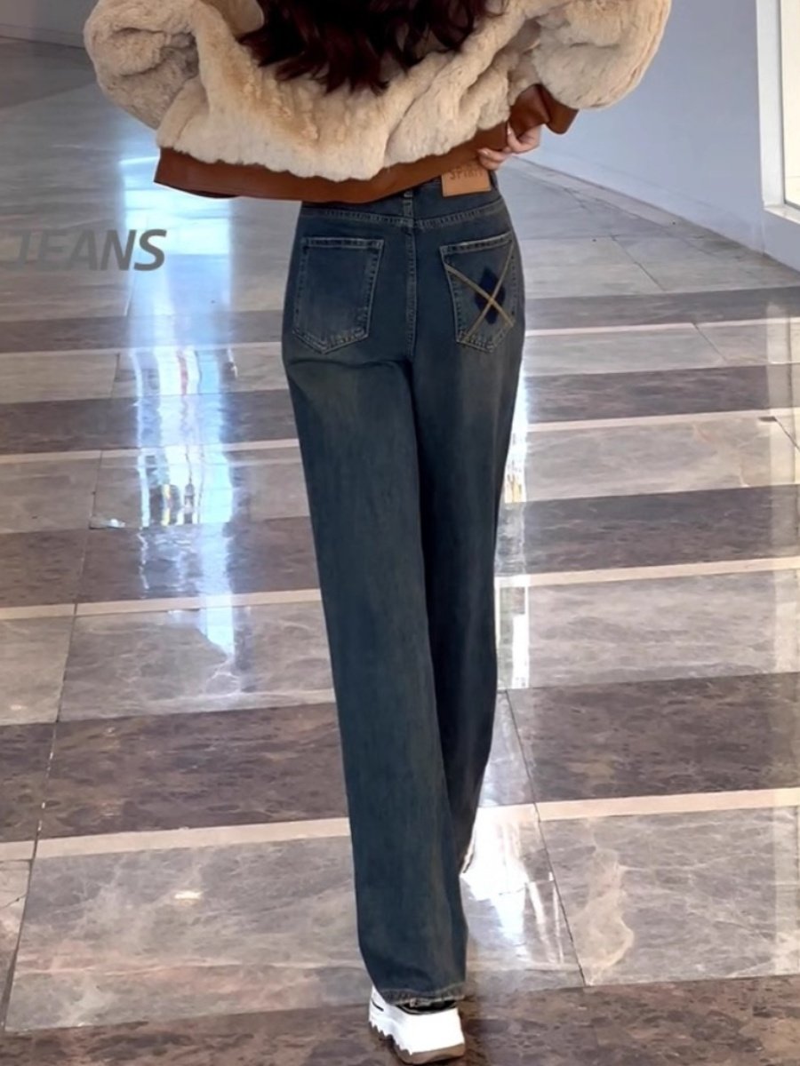 窄版阔腿牛仔裤女2025年春秋新款覆古水泥灰高腰显瘦宽松直筒长裤