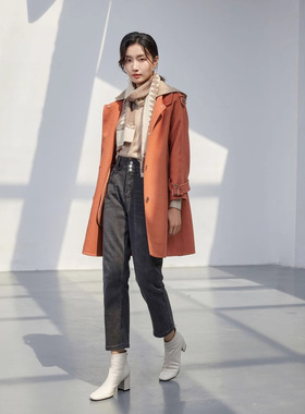 冬季橘红色学院风可脱卸连帽呢子大衣女加厚羊毛呢外套HH40903