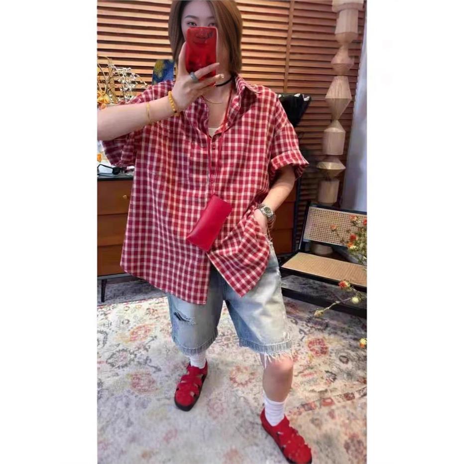 港风复古休闲短袖格子衬