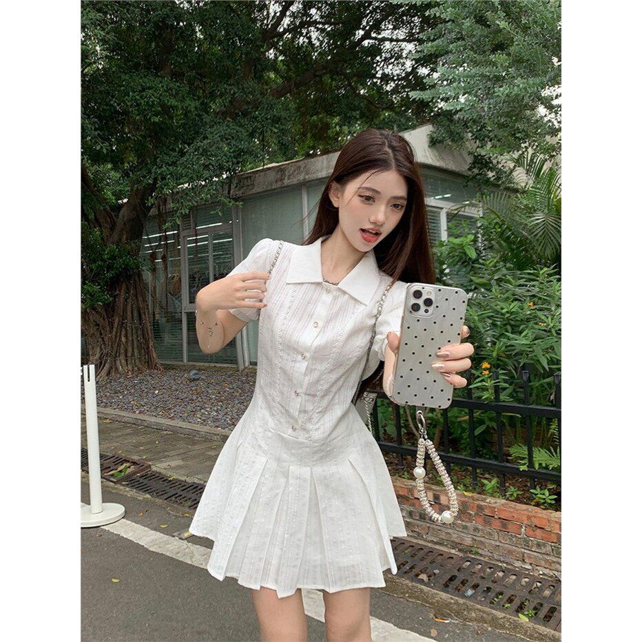 设计感学院风翻领白色连衣裙女a字裙夏季甜美显瘦裙纯欲百搭潮ins