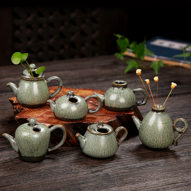 迷你水培花插花瓶陶瓷绿釉茶壶花器桌面摆件复古简约手工个性时尚