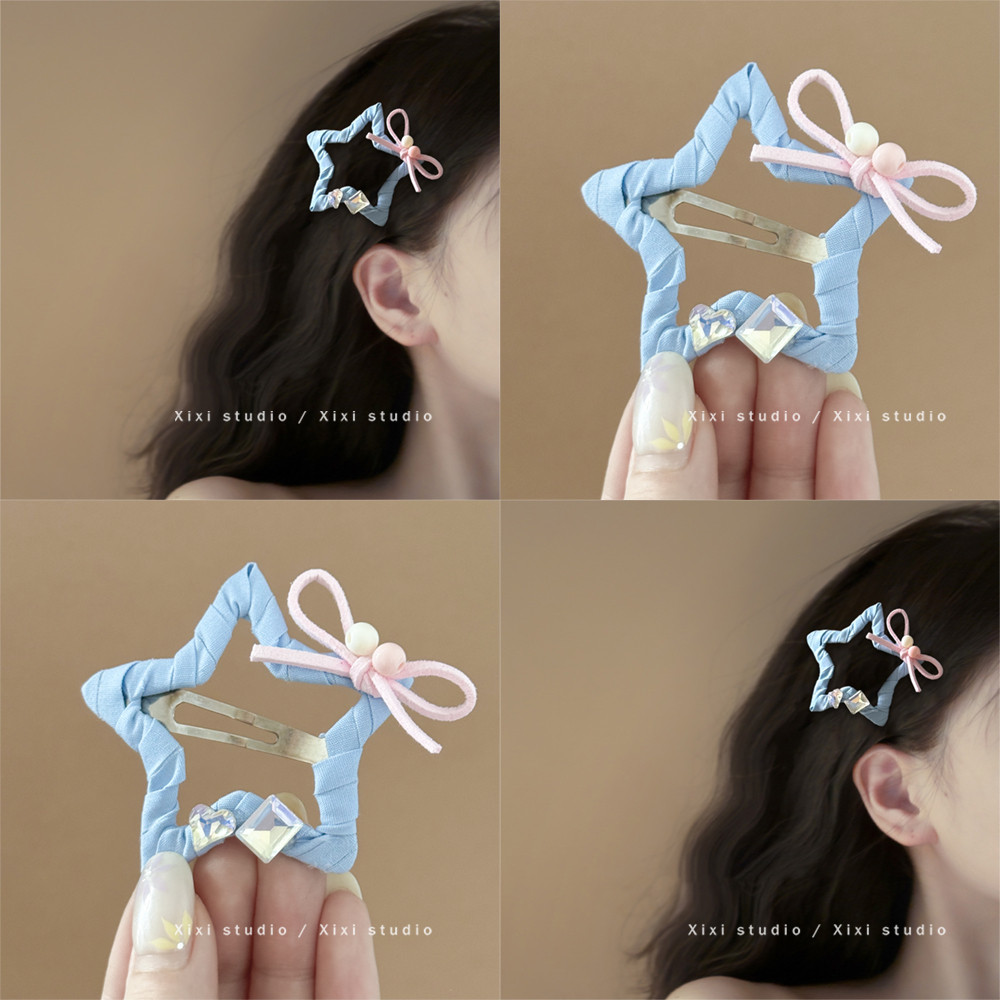 甜美少女！蝴蝶结丝带缠绕五角星发夹！高级感水钻BB夹新品盘发器